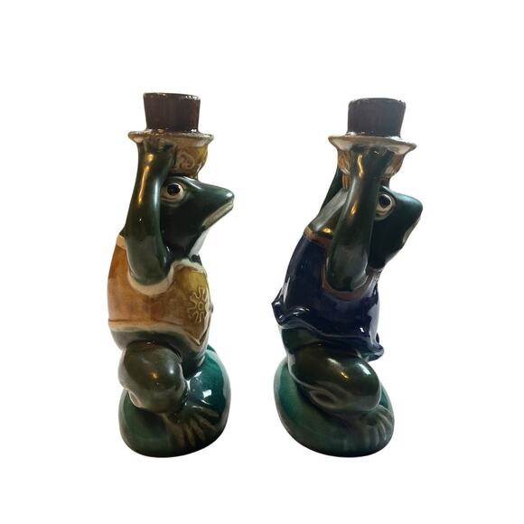 Frog Ceramic Candle Stick Figurines Set 2 Boy Girl Glazed Vintage - Picture 3 of 11